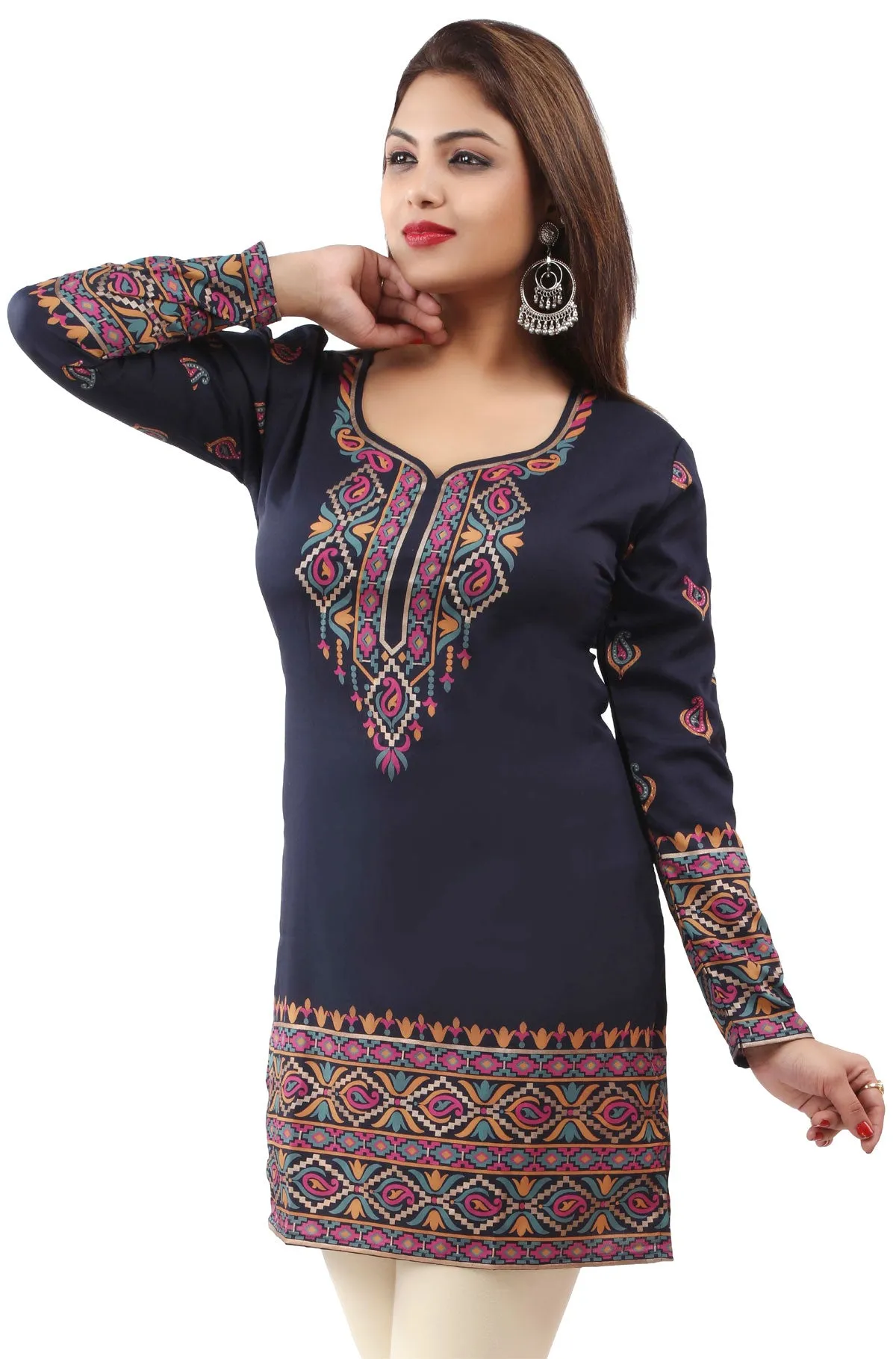 Indian Tunics Kurti Top Blouse Women's India Apparel (Blue)