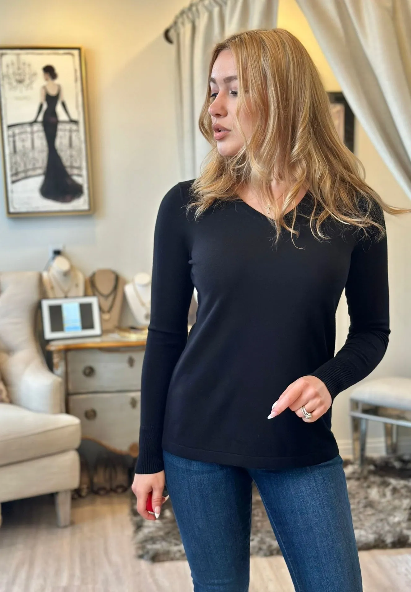 J'Envie Sport V-Neck Pullover Lightweight Sweater Top