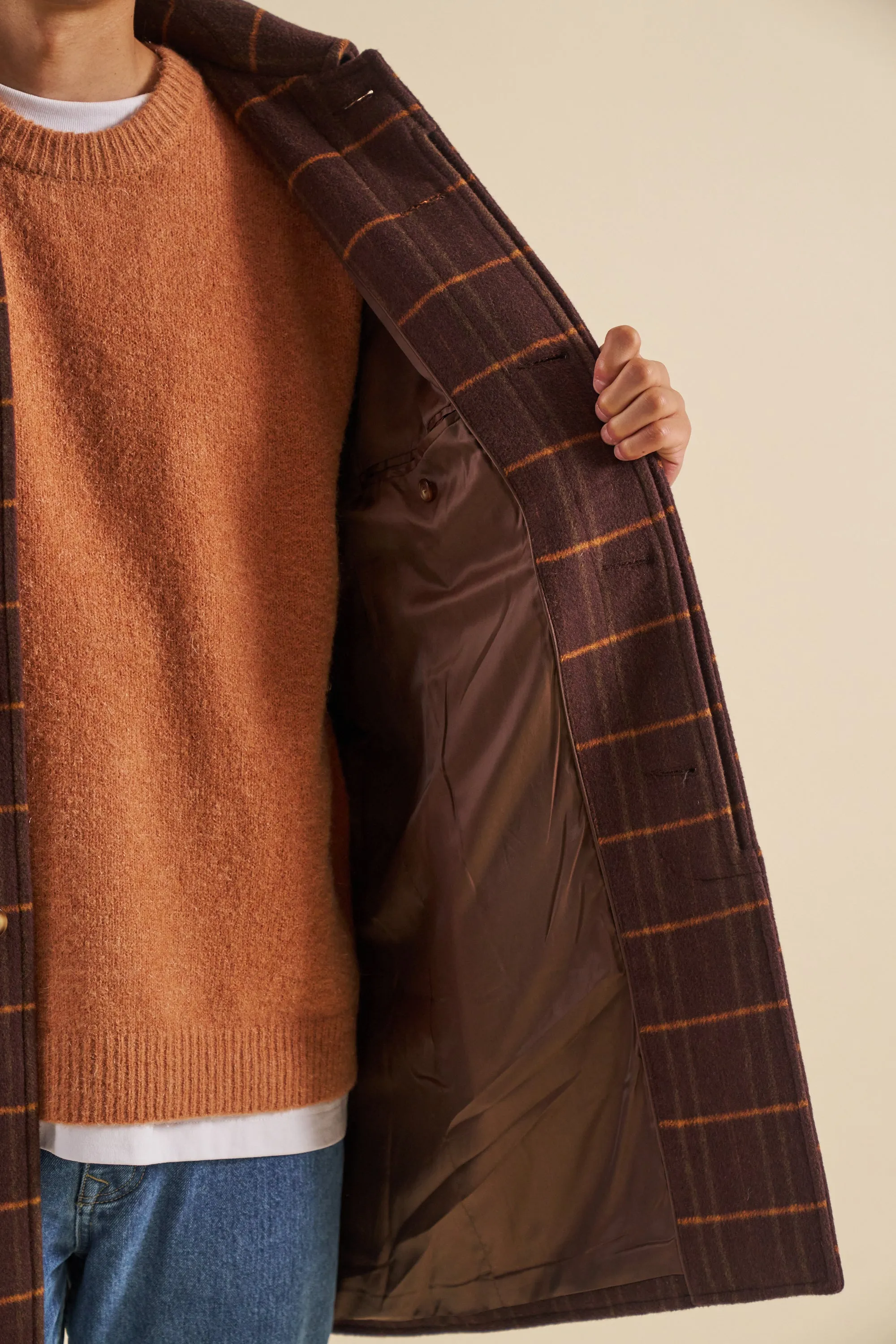 KAITO CHECK BROWN WOOL COAT