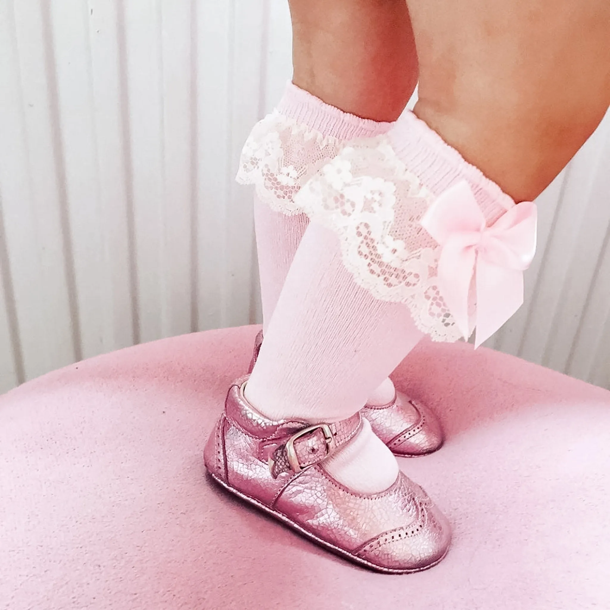 Lace Knee Socks - Baby Pink