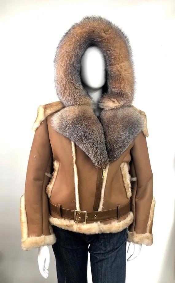 Ladies Raising Sheepskin Jacket with Fur Collar and Hood #1020