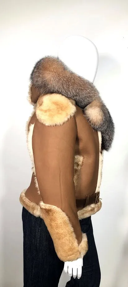 Ladies Raising Sheepskin Jacket with Fur Collar and Hood #1020