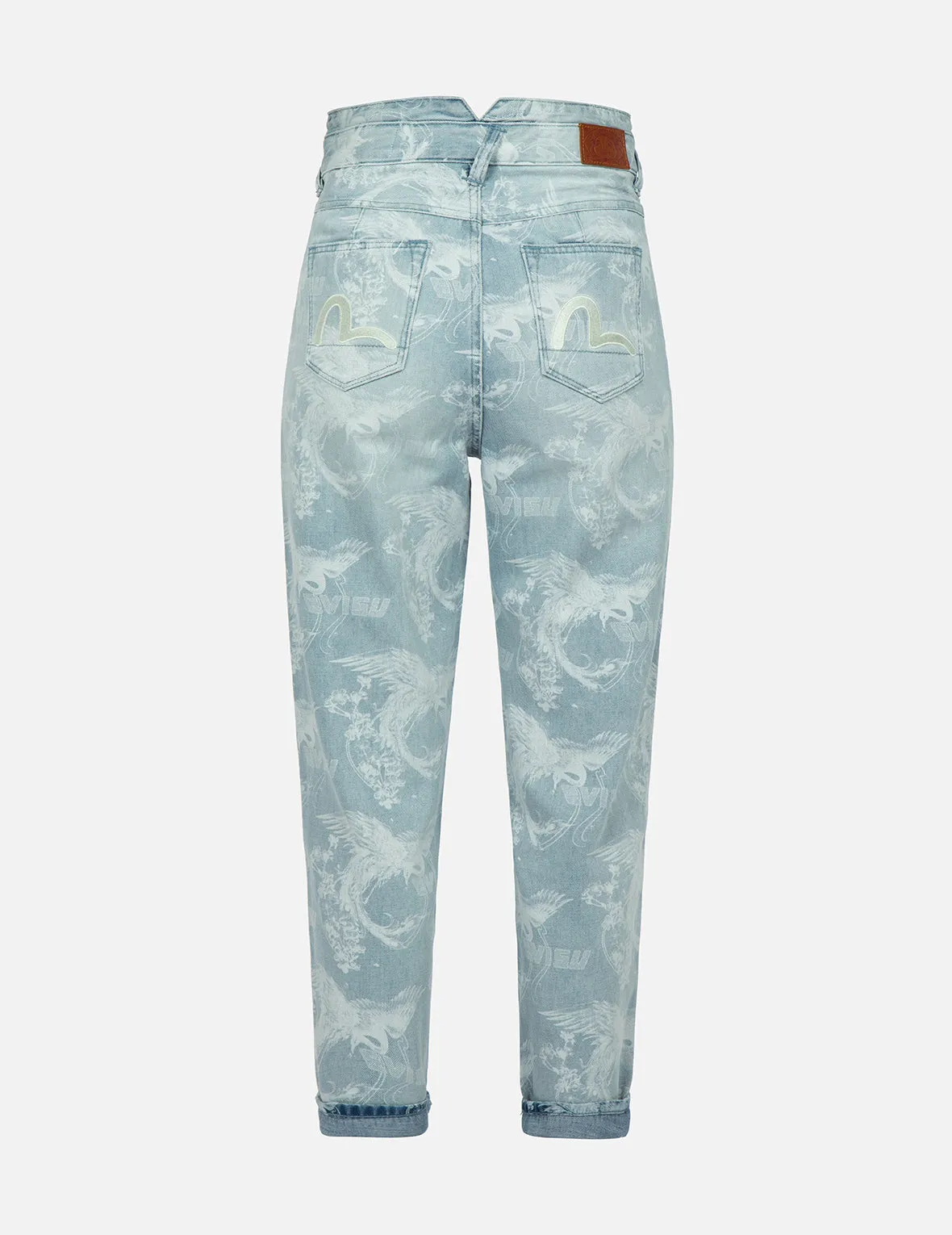 Laser-Print Allover Peacock Denim Taper Jeans