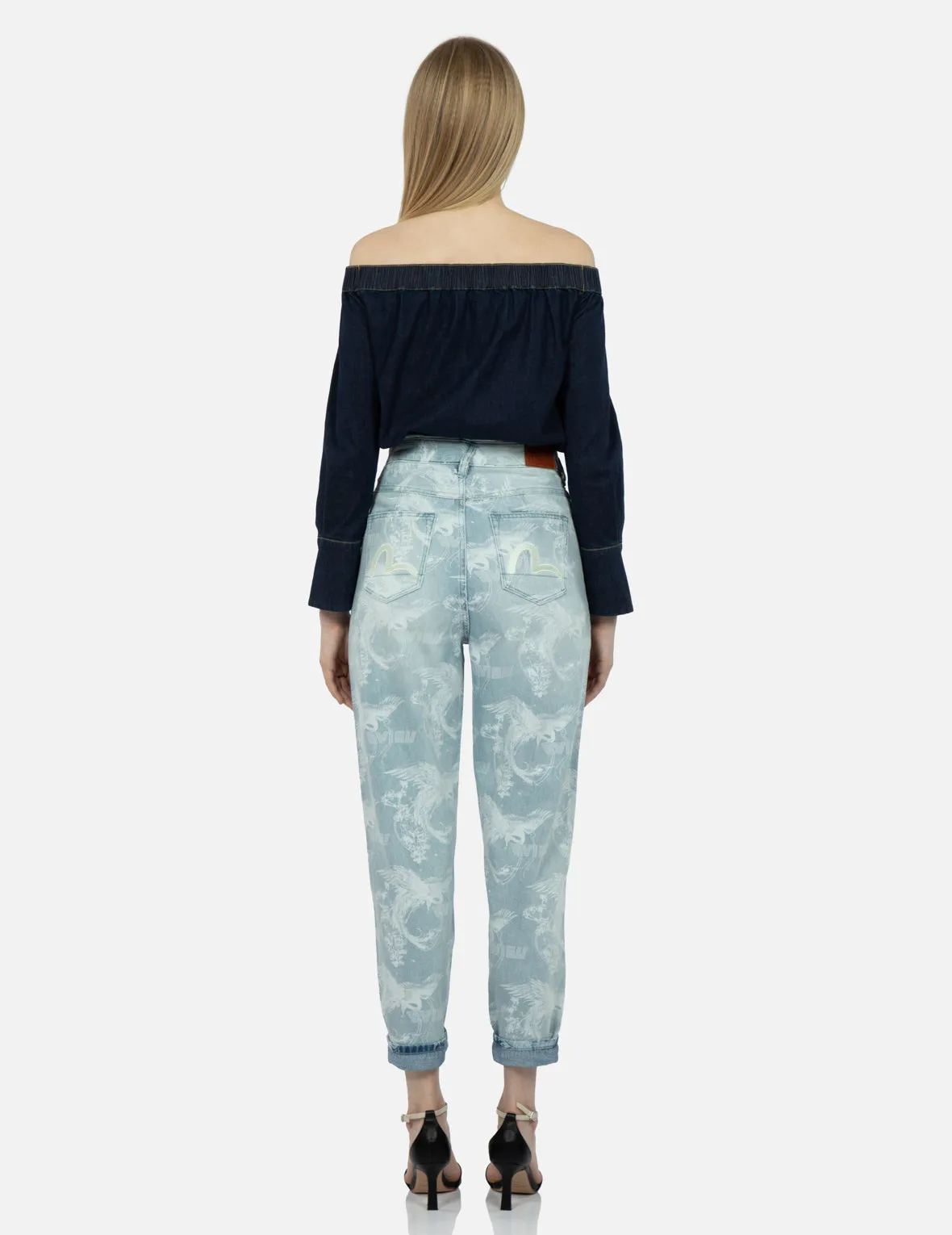 Laser-Print Allover Peacock Denim Taper Jeans