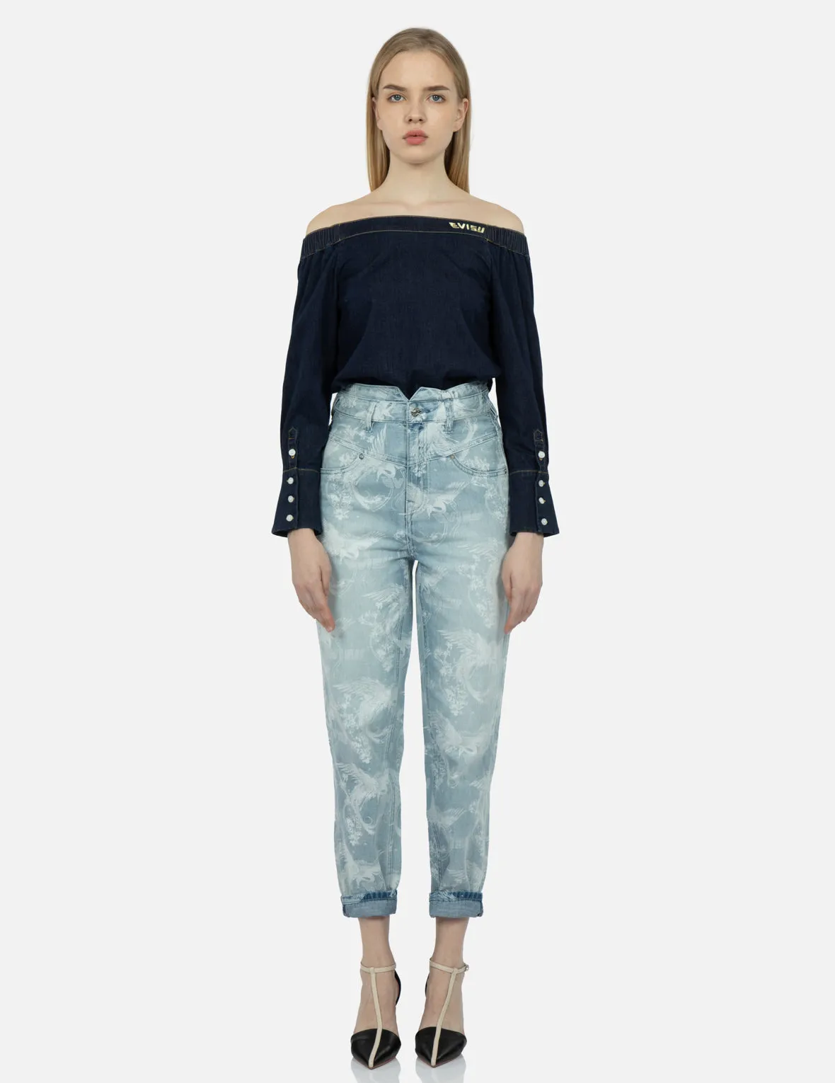 Laser-Print Allover Peacock Denim Taper Jeans