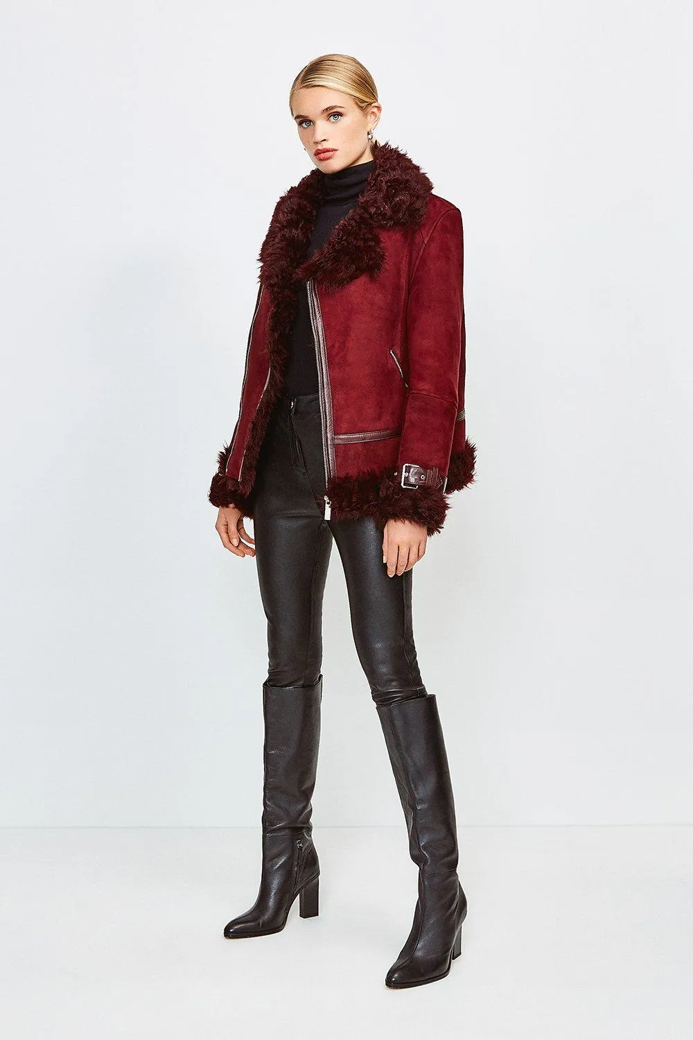 Leather & Shearling Aviator Coat | Karen Millen