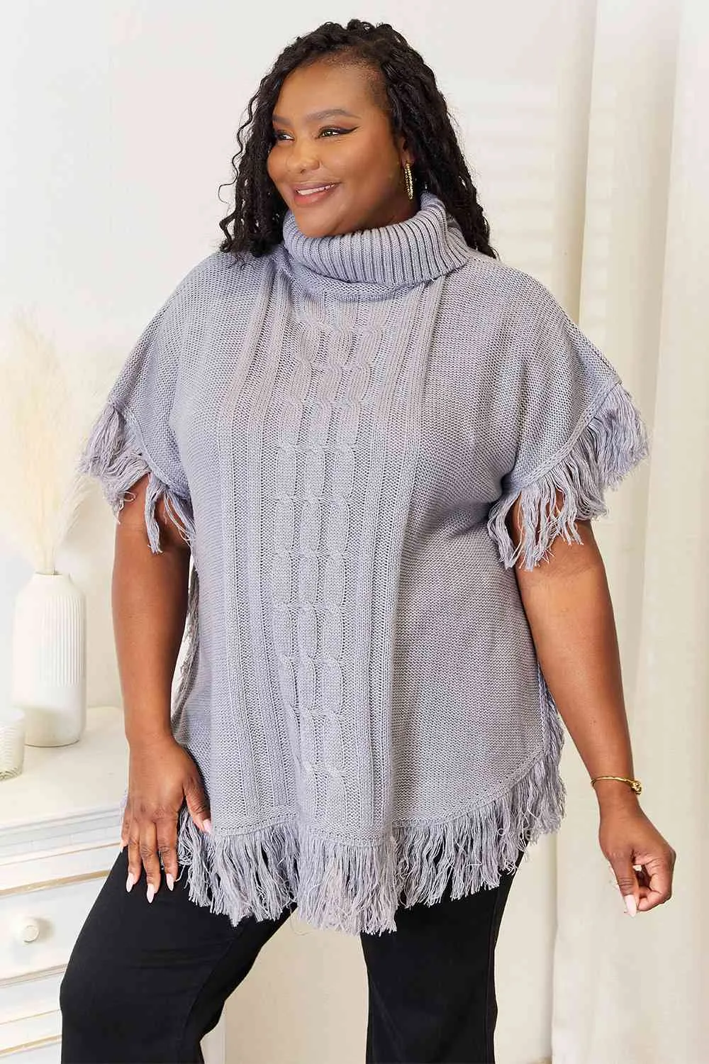 Light Gray Turtle Neck Fringe Poncho