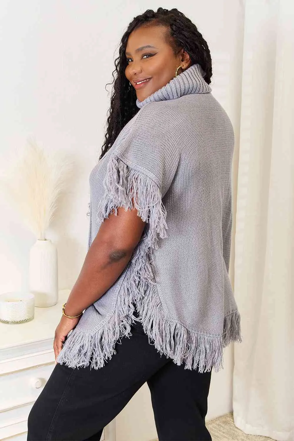 Light Gray Turtle Neck Fringe Poncho