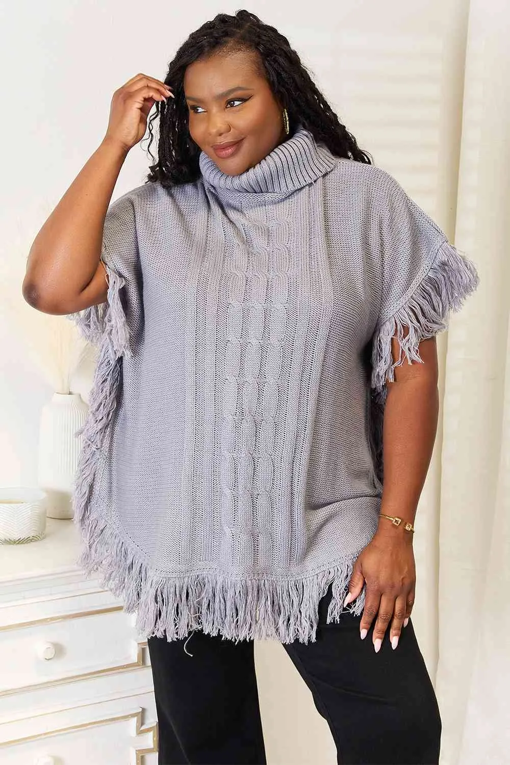 Light Gray Turtle Neck Fringe Poncho