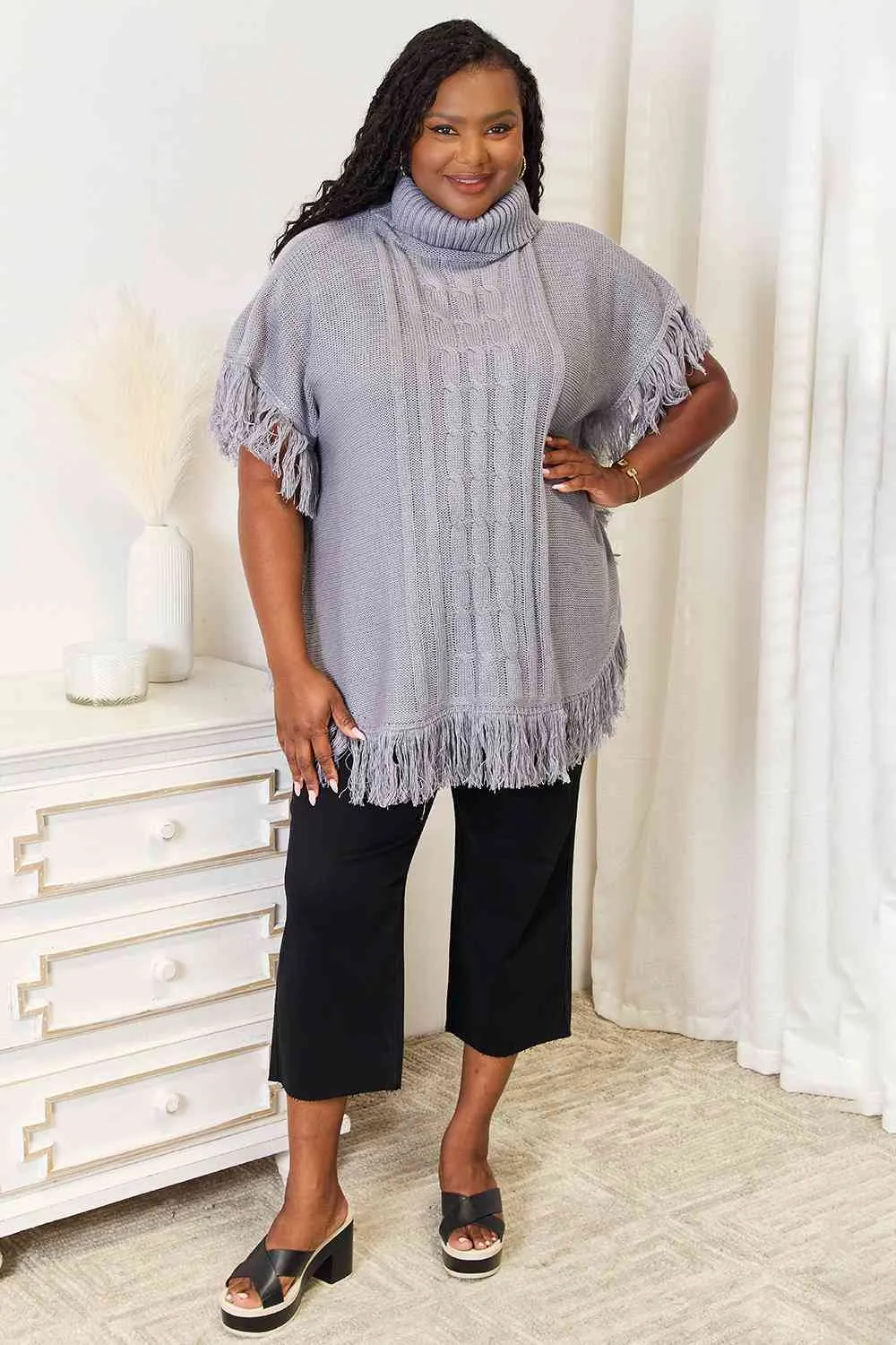 Light Gray Turtle Neck Fringe Poncho