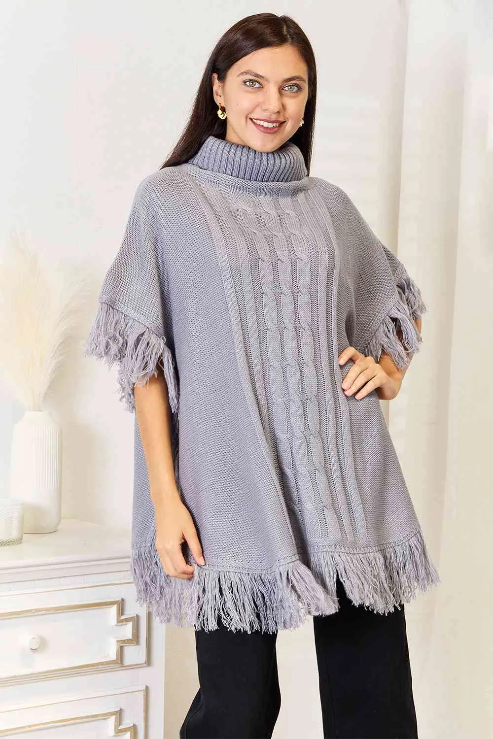 Light Gray Turtle Neck Fringe Poncho