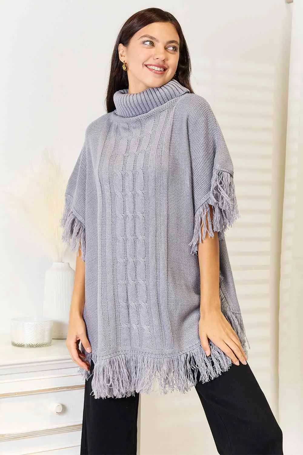 Light Gray Turtle Neck Fringe Poncho