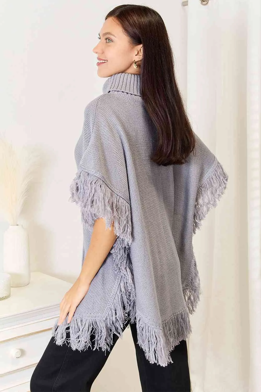 Light Gray Turtle Neck Fringe Poncho