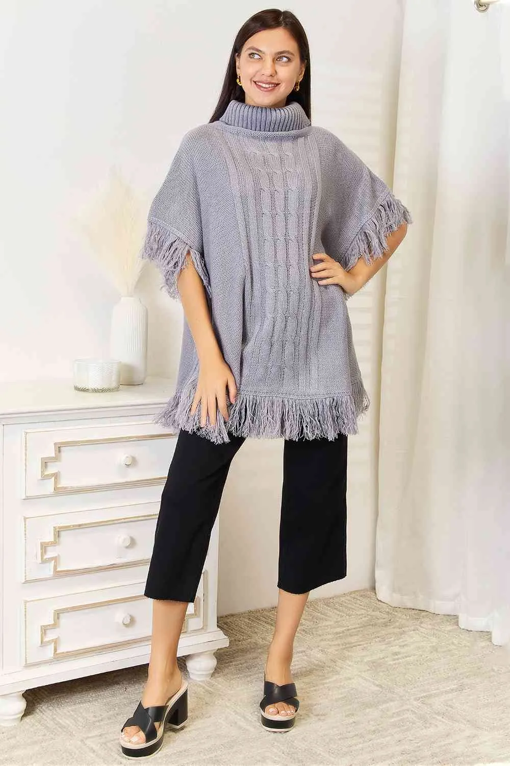 Light Gray Turtle Neck Fringe Poncho