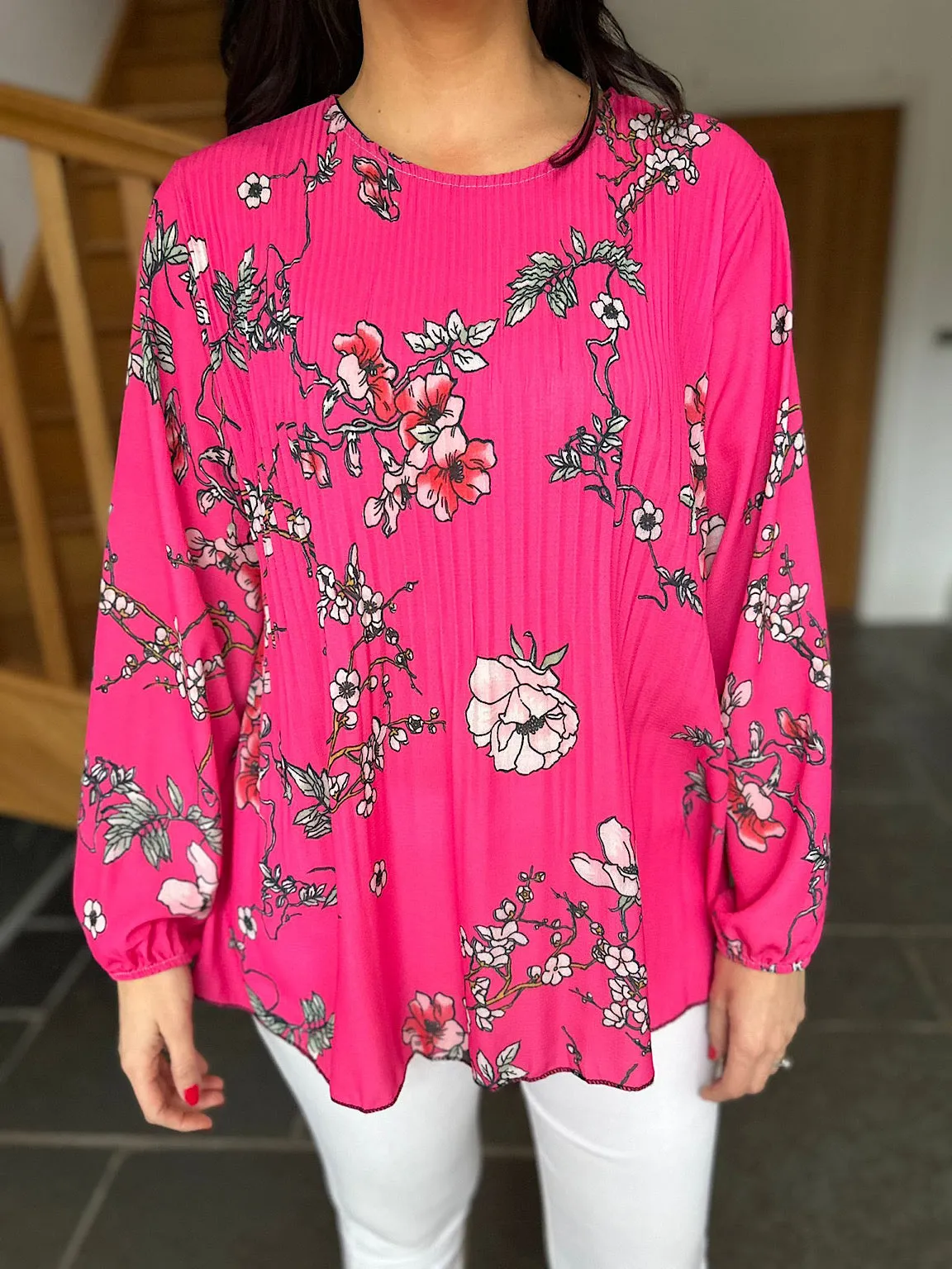 Lipstick Pink Floral Pleated Blouse Bethany