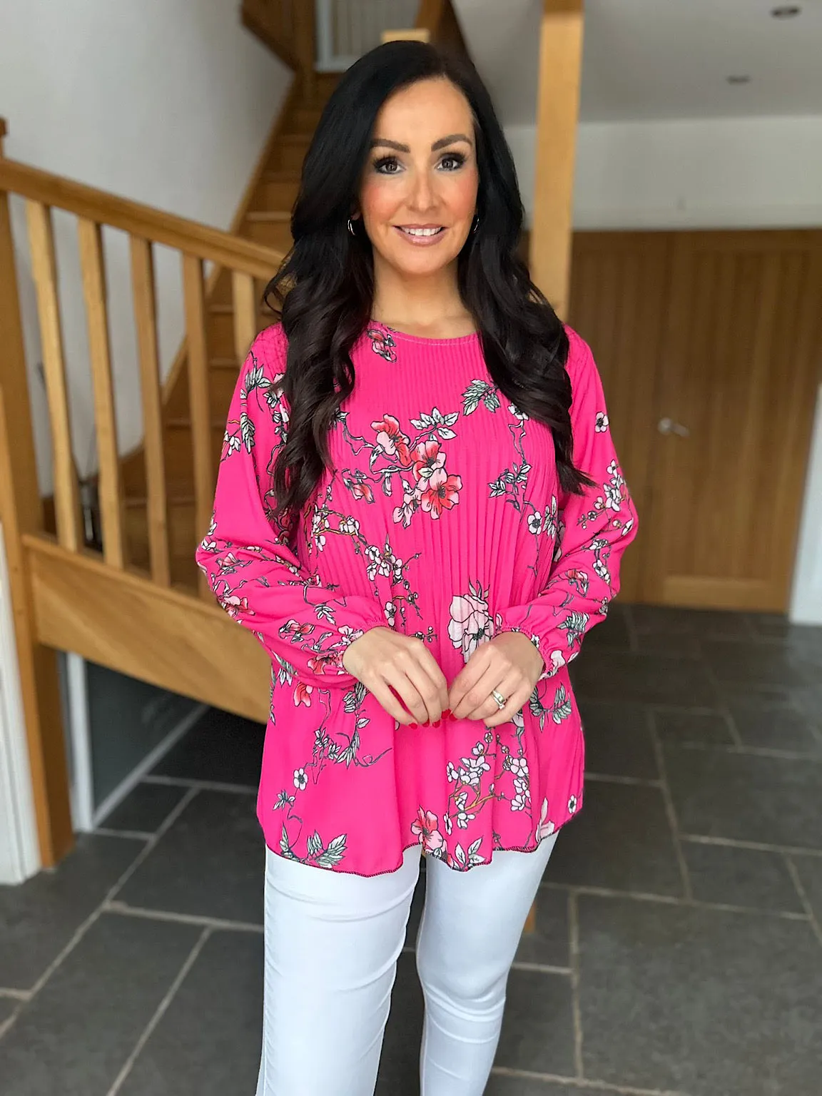 Lipstick Pink Floral Pleated Blouse Bethany