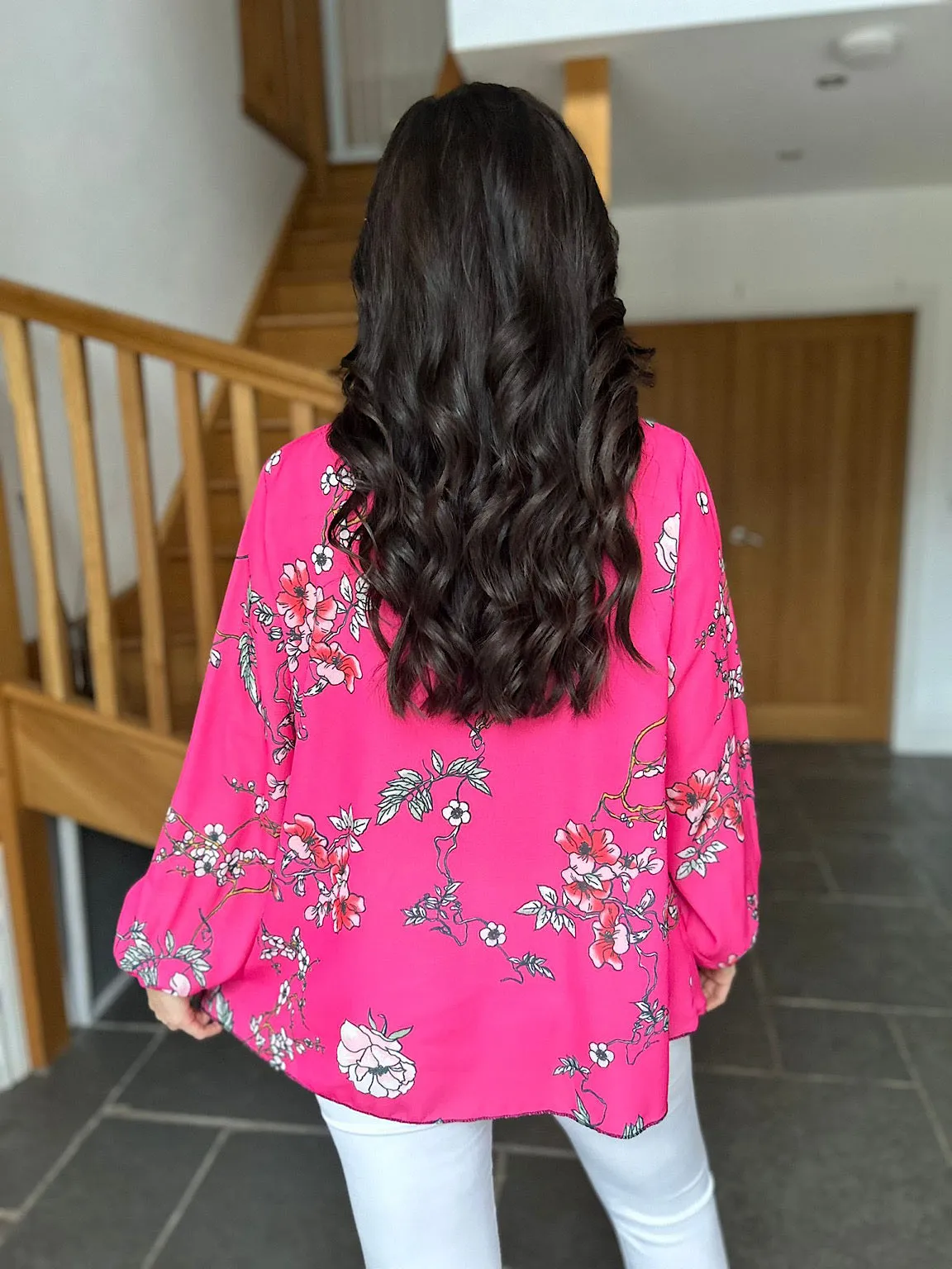 Lipstick Pink Floral Pleated Blouse Bethany