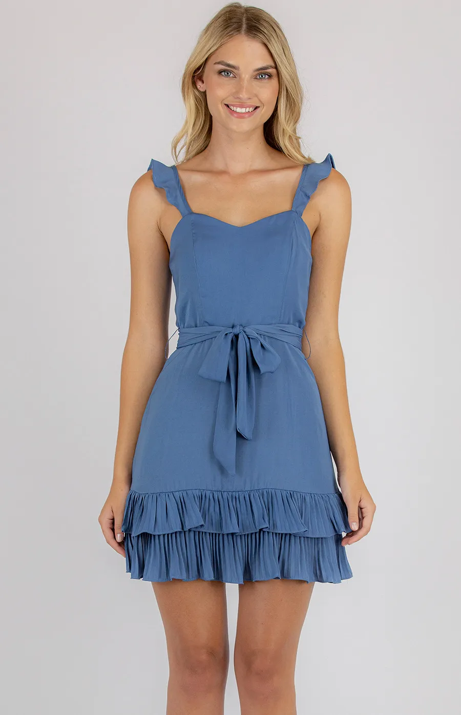 Love Heart Neckline Dress with Pleated Hem & Belt (SDR692A)