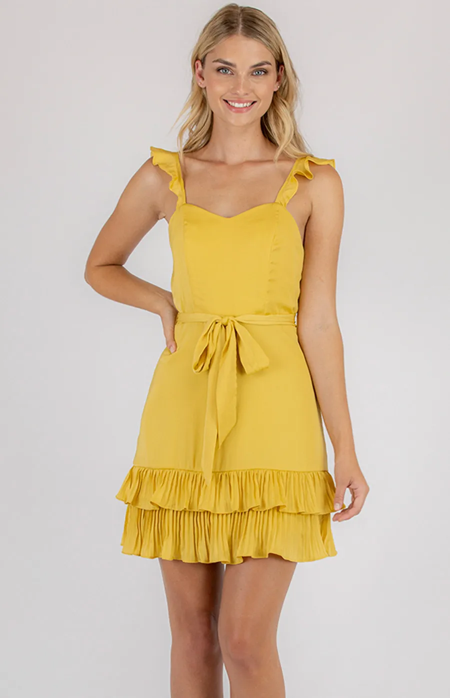 Love Heart Neckline Dress with Pleated Hem & Belt (SDR692A)