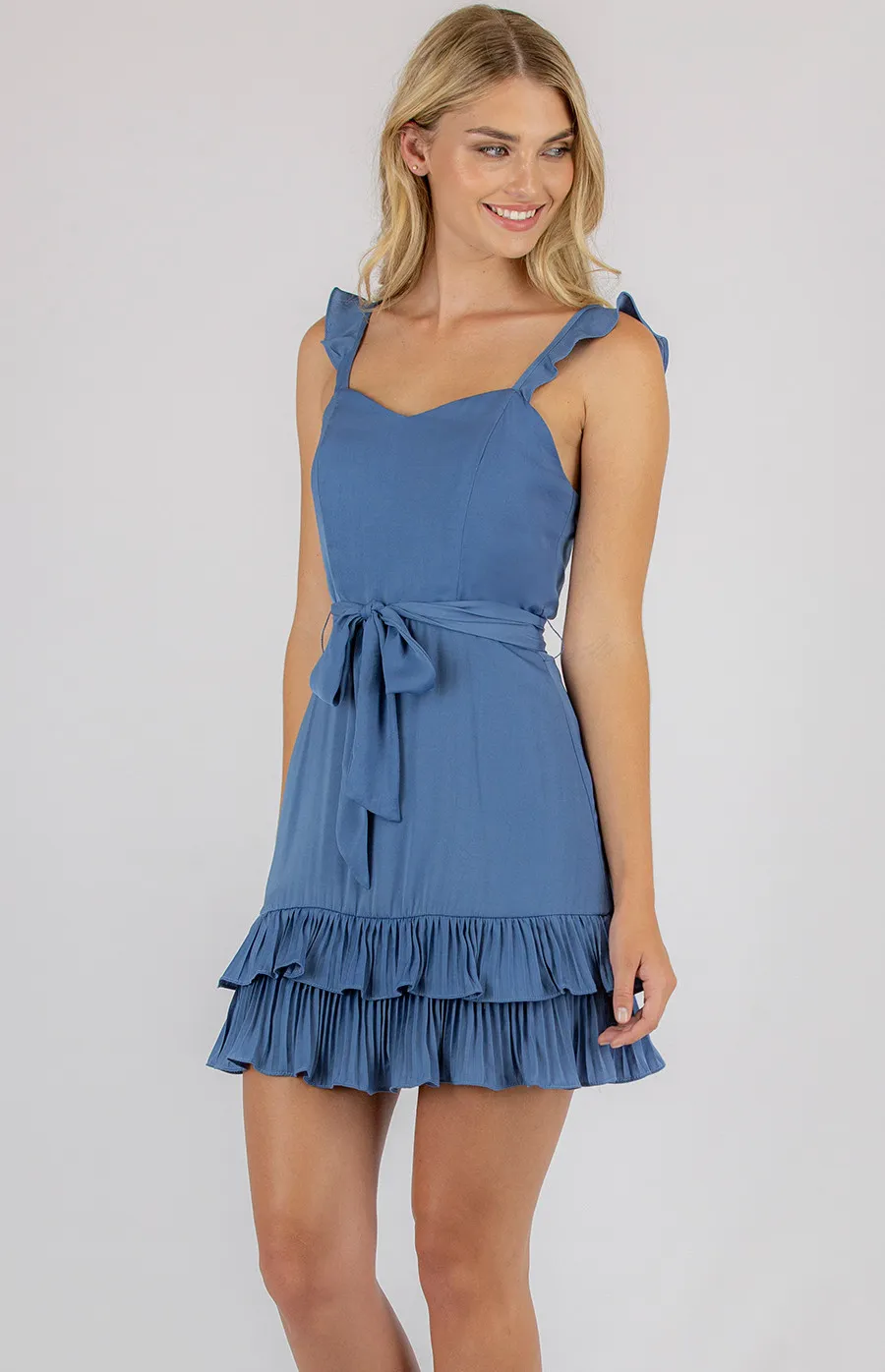 Love Heart Neckline Dress with Pleated Hem & Belt (SDR692A)