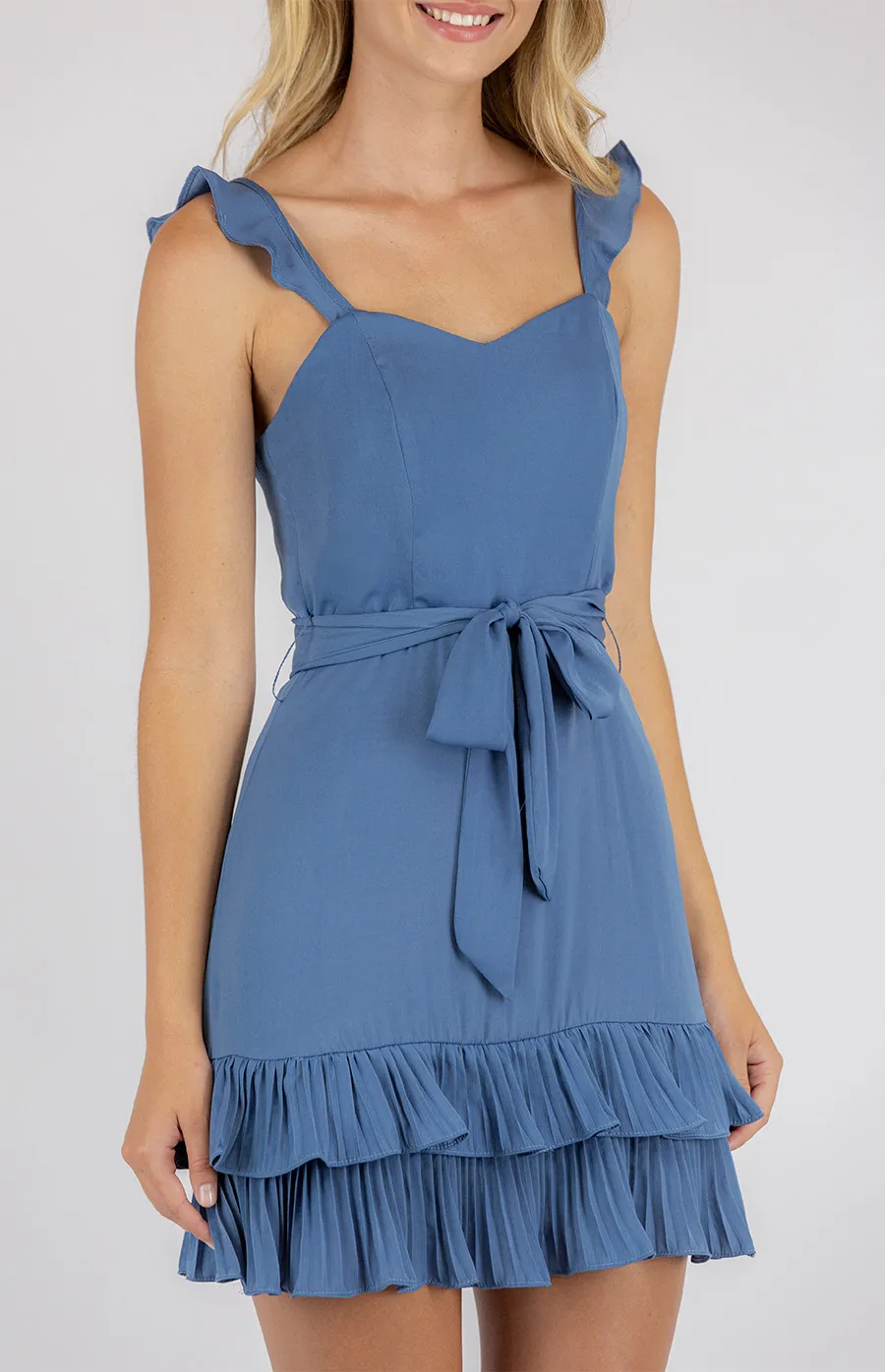 Love Heart Neckline Dress with Pleated Hem & Belt (SDR692A)