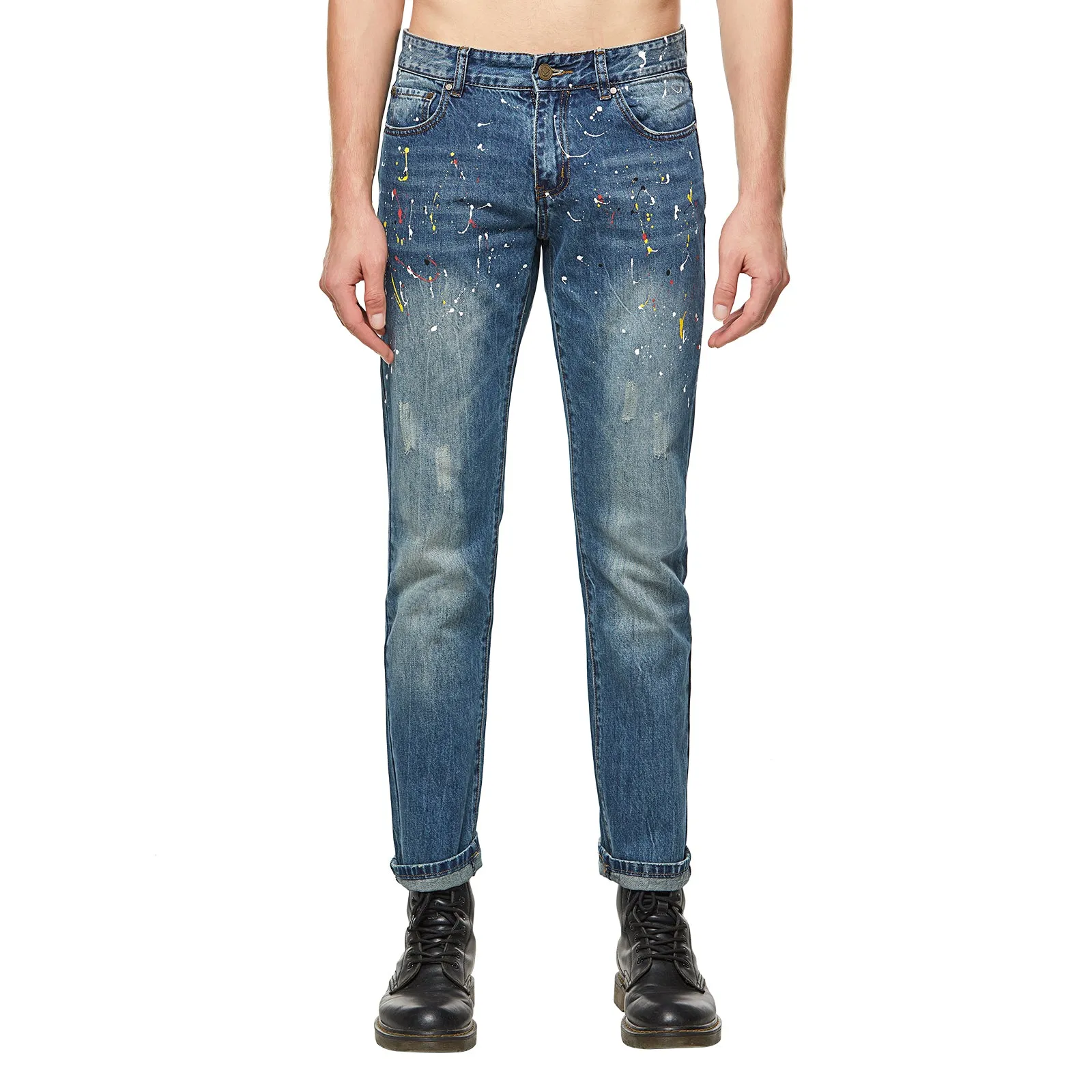 Mens Spray Distressed Blue Jeans