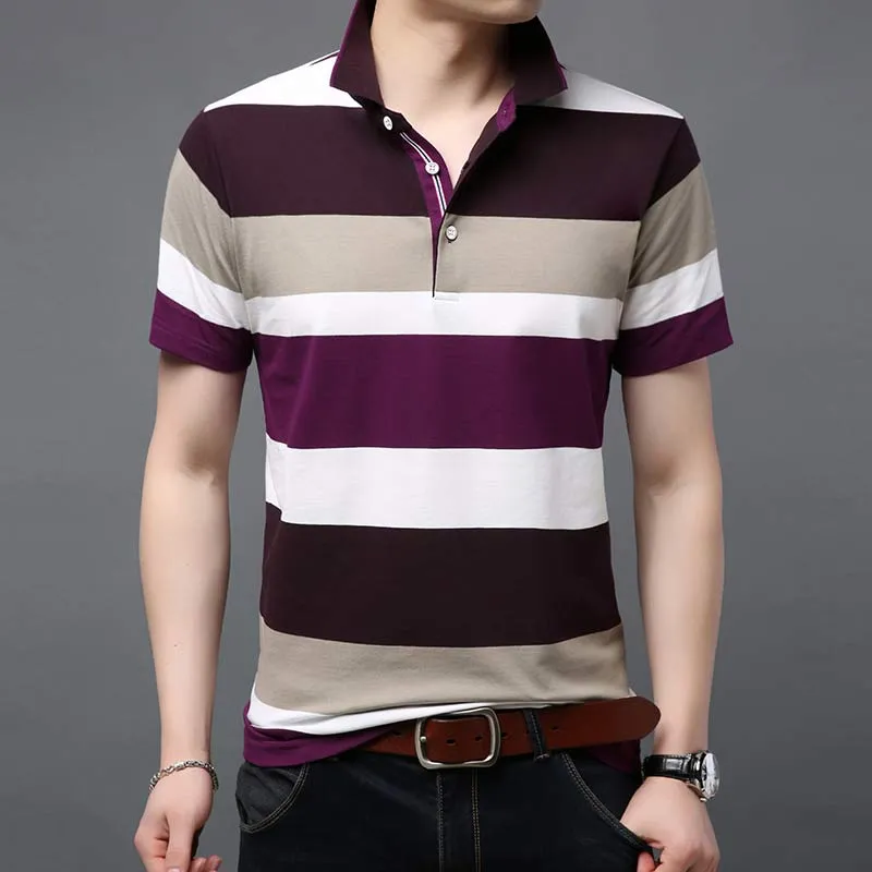 Men's Summer Contrast Color Striped Pattern Short Sleeve Polo Shirt