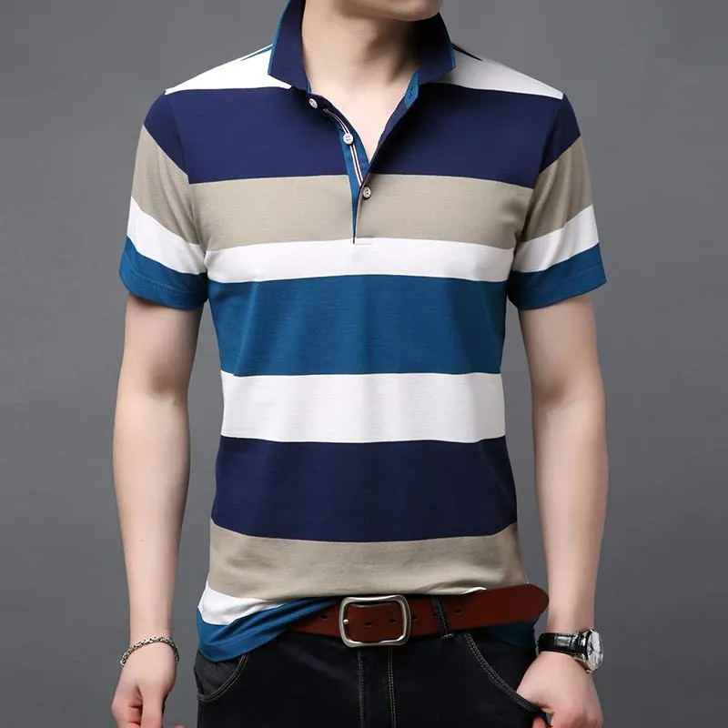 Men's Summer Contrast Color Striped Pattern Short Sleeve Polo Shirt