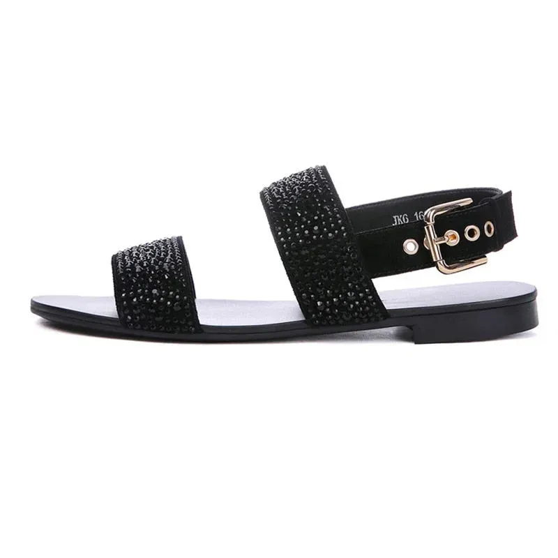 Men's Super Star Summer Black Golden Rhinestone Leather Big Size Sandals