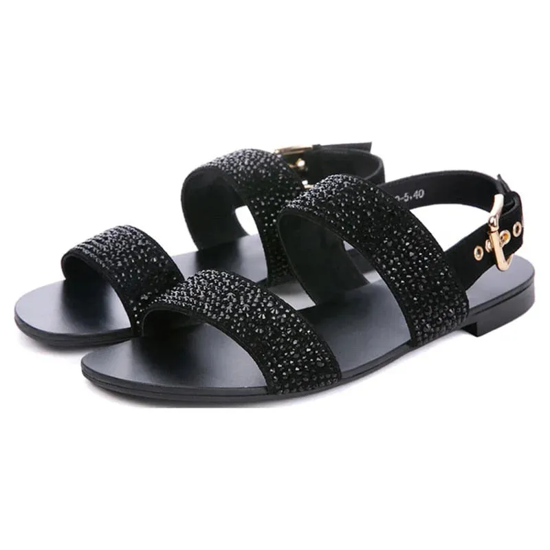 Men's Super Star Summer Black Golden Rhinestone Leather Big Size Sandals