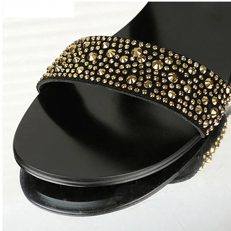 Men's Super Star Summer Black Golden Rhinestone Leather Big Size Sandals