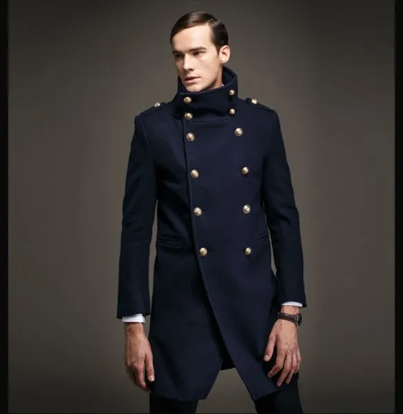 Men's Woolen Double-Breasted Winter Coat  with a wide Neck