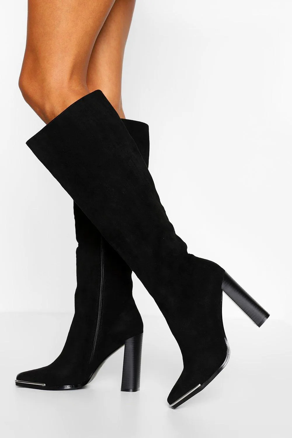 Metal Trim Block Heel Knee High Boot