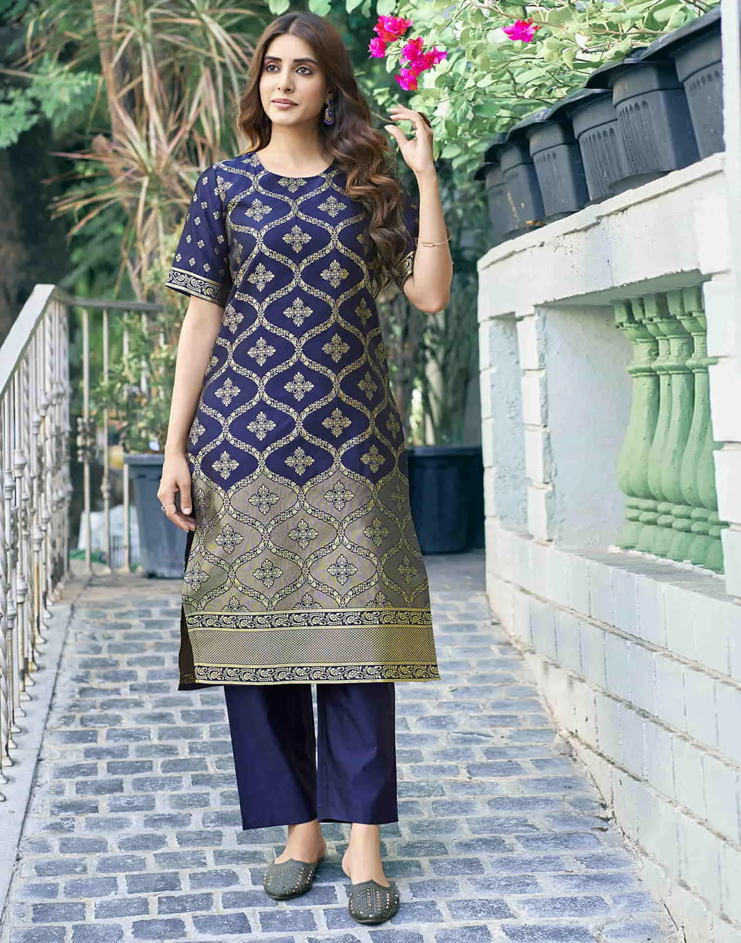 Navy Blue Woven Silk Straight Kurta With Pant And Dupatta