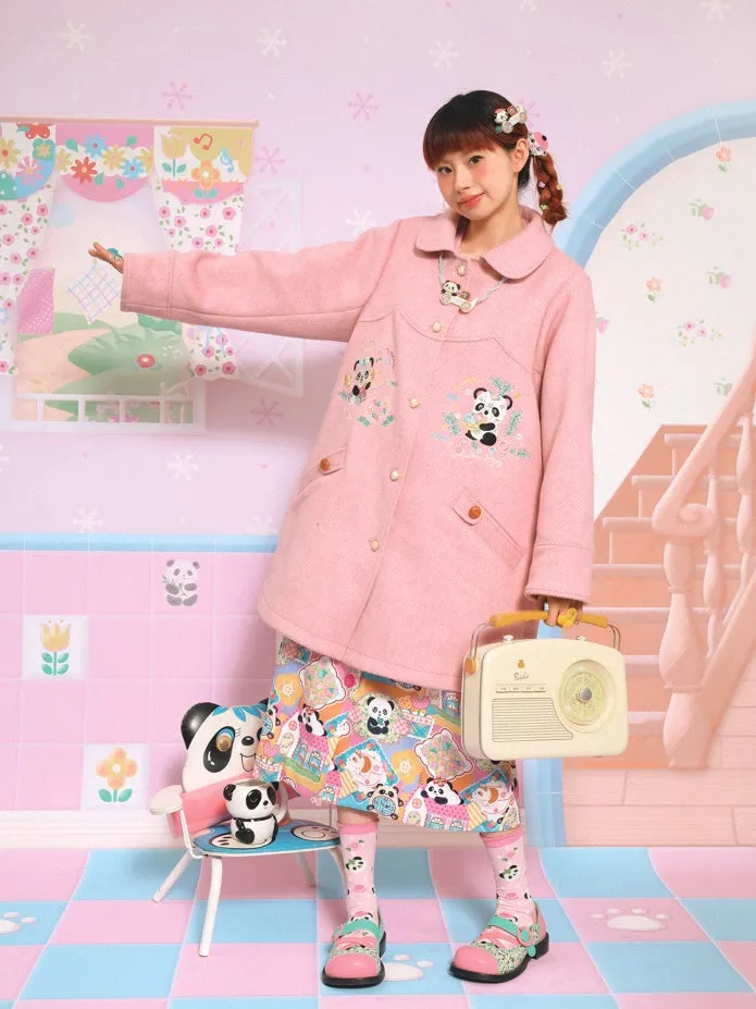 Panda Embroidered Doll Collar Mid-length Coat