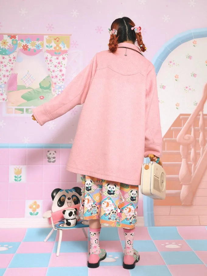 Panda Embroidered Doll Collar Mid-length Coat