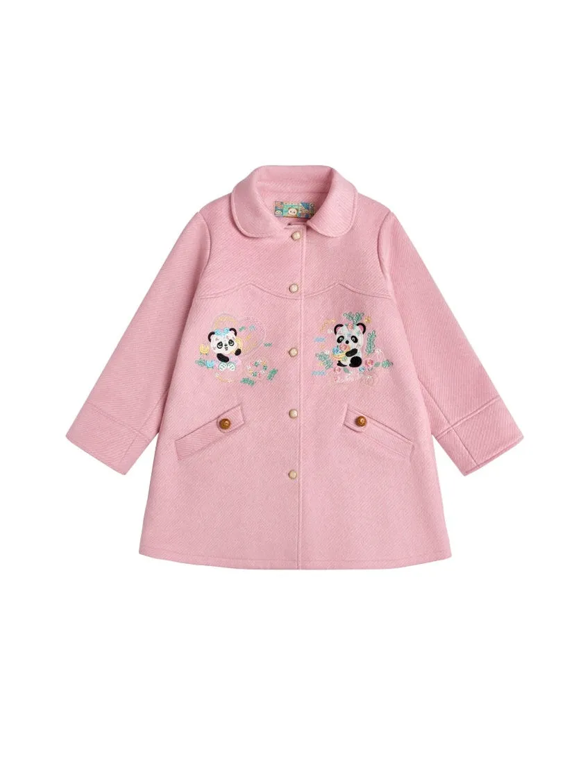 Panda Embroidered Doll Collar Mid-length Coat