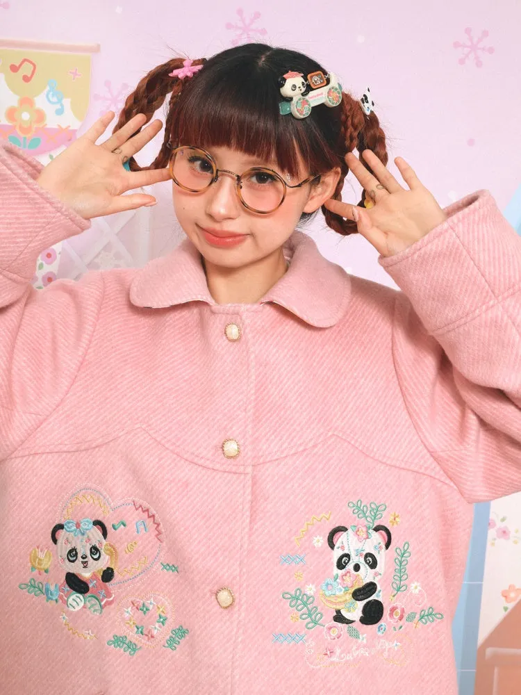 Panda Embroidered Doll Collar Mid-length Coat