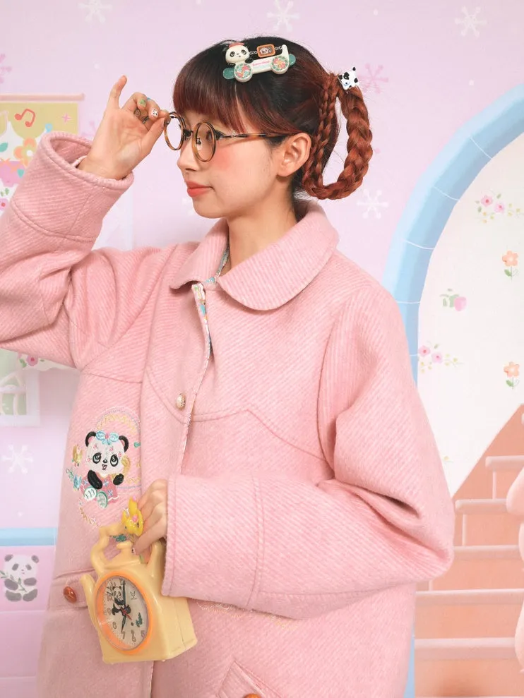 Panda Embroidered Doll Collar Mid-length Coat