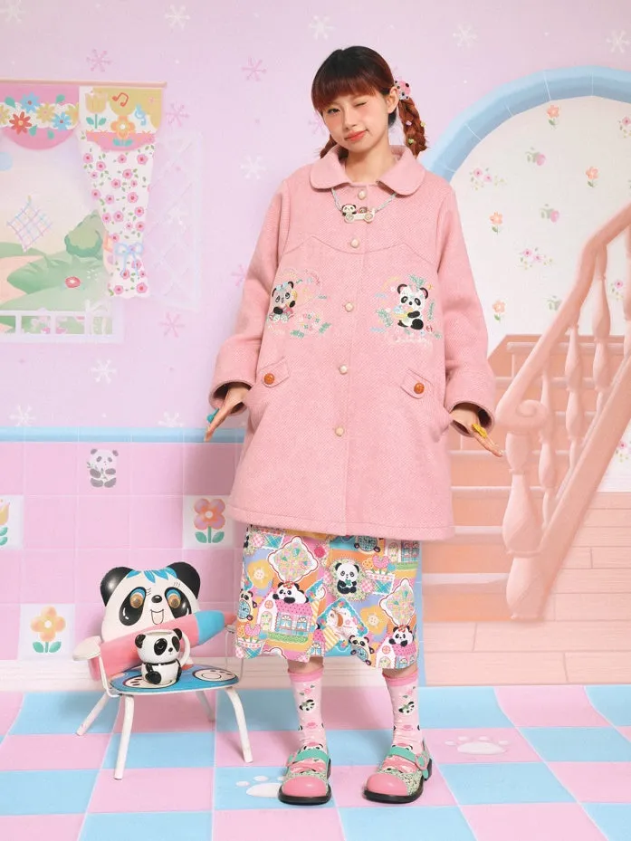 Panda Embroidered Doll Collar Mid-length Coat