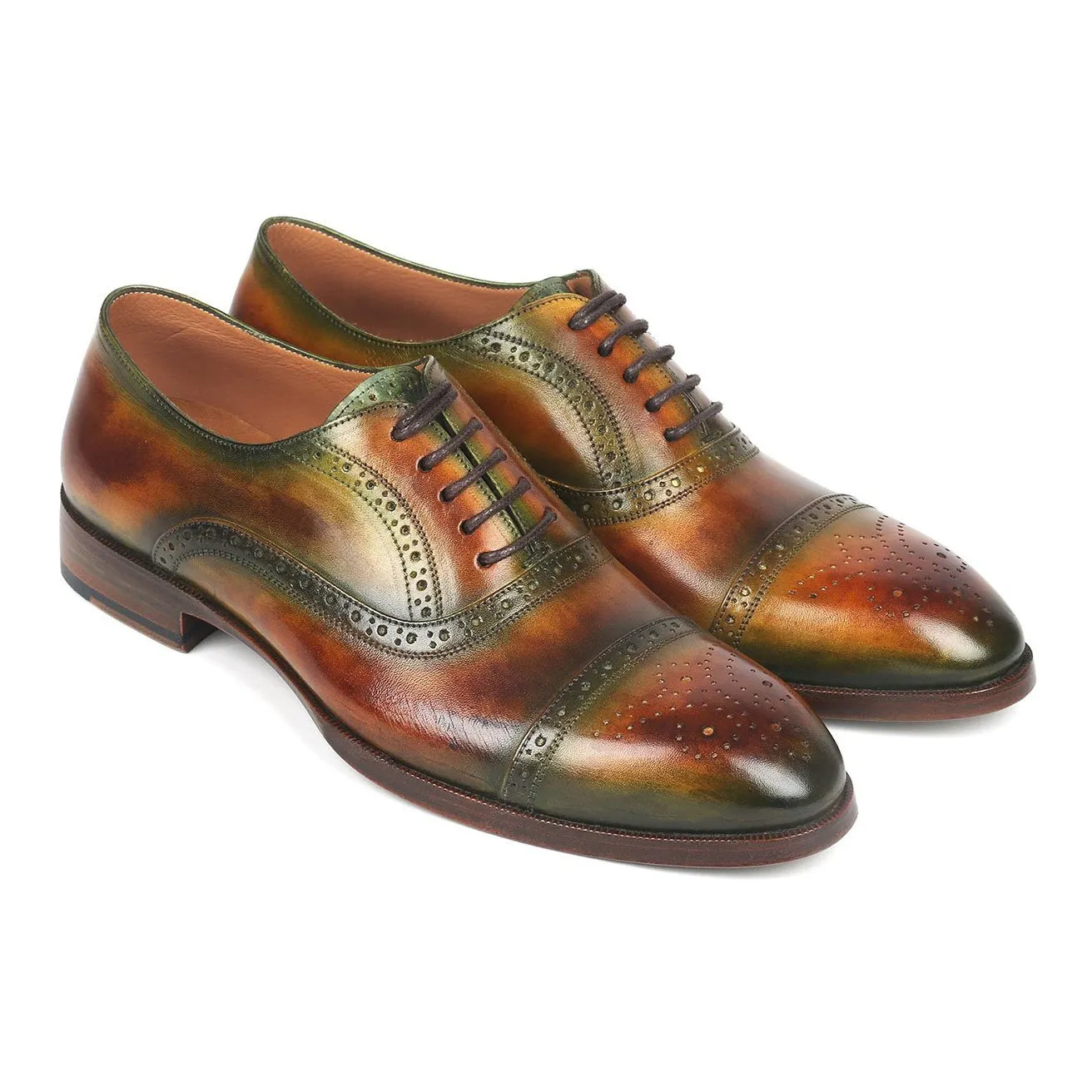 Paul Parkman 266GB79 Men's Shoes Green & Brown Calf-Skin Leather Cap-Toe Oxfords (PM6268)