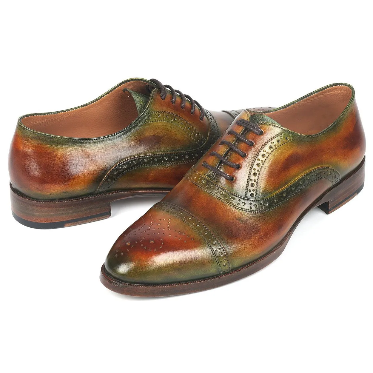 Paul Parkman 266GB79 Men's Shoes Green & Brown Calf-Skin Leather Cap-Toe Oxfords (PM6268)