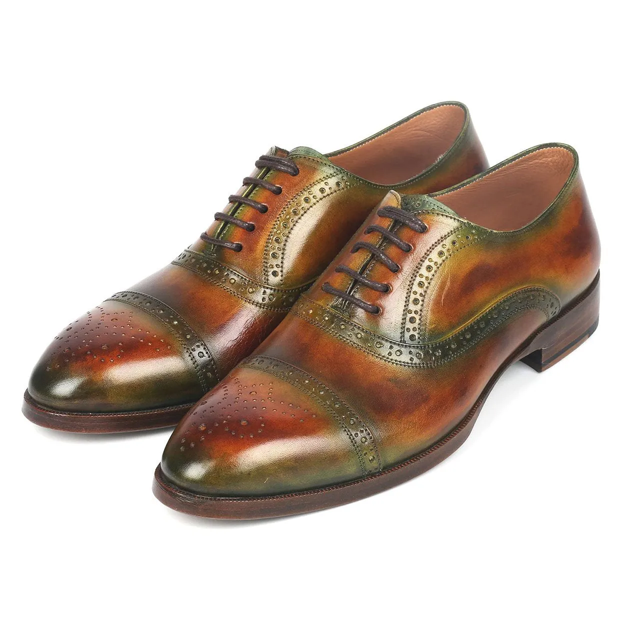 Paul Parkman 266GB79 Men's Shoes Green & Brown Calf-Skin Leather Cap-Toe Oxfords (PM6268)