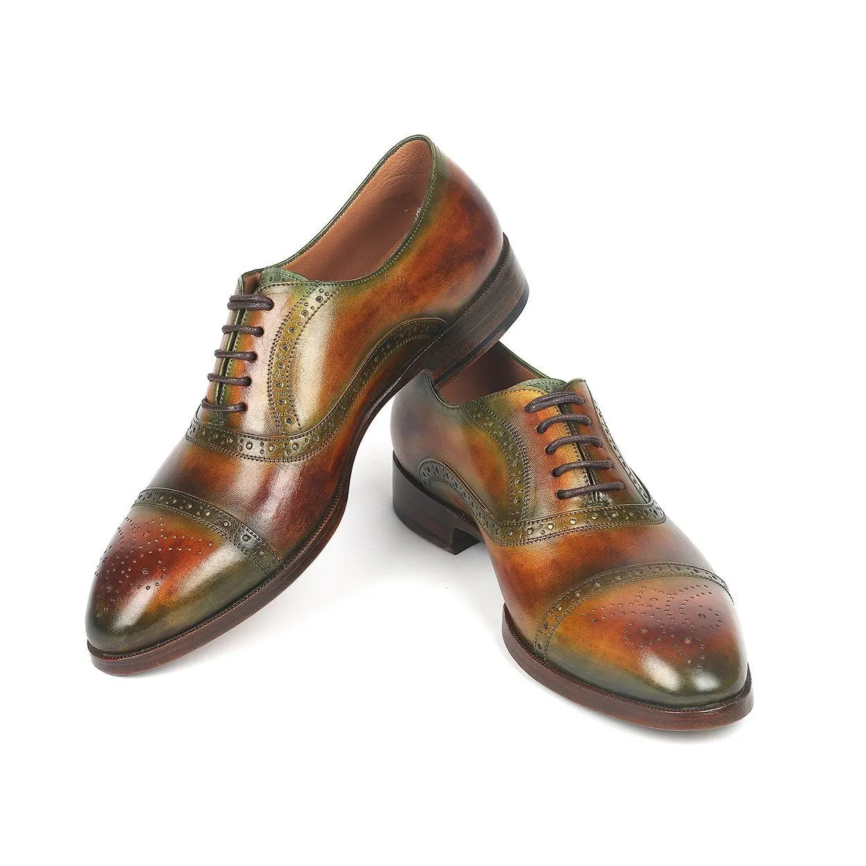 Paul Parkman 266GB79 Men's Shoes Green & Brown Calf-Skin Leather Cap-Toe Oxfords (PM6268)