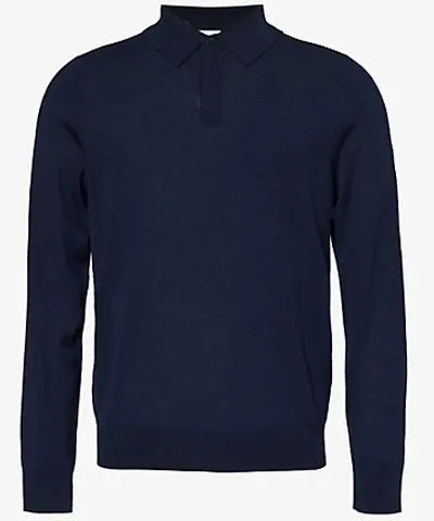 Paul Smith Mens Blue Logo-embroidered long-sleeve merino-wool polo jumper