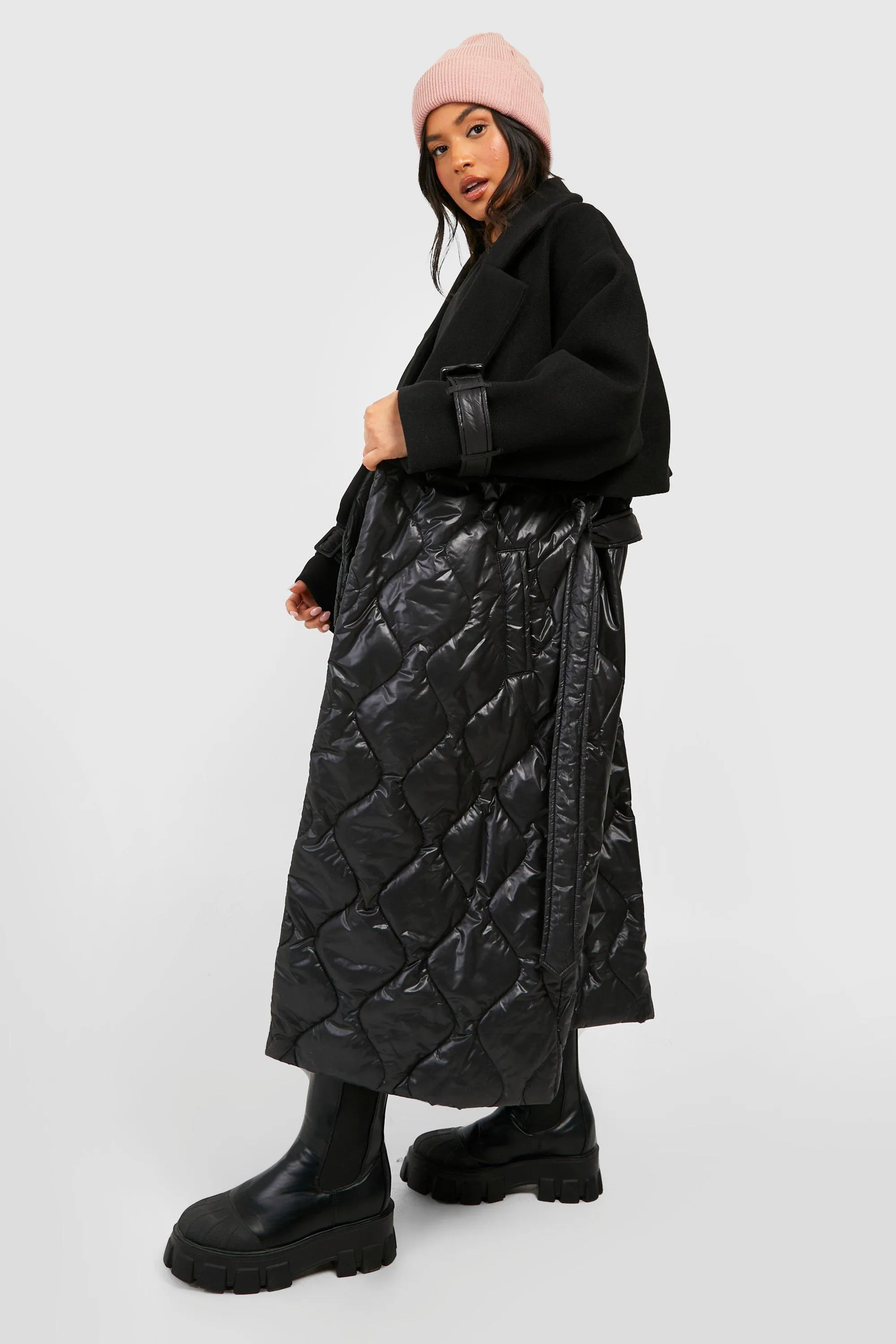 Petite Quilted Wool Look Padded Trench Coat