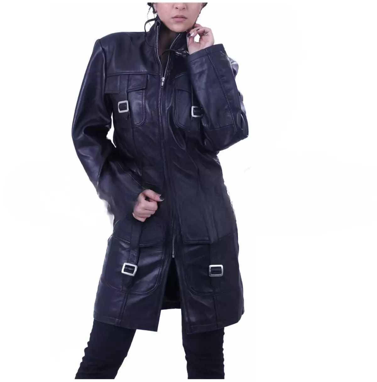 Punk Women's Buckle Pocket Long Leather Coat