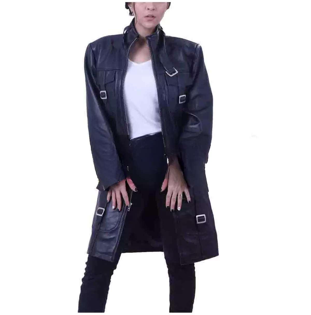 Punk Women's Buckle Pocket Long Leather Coat