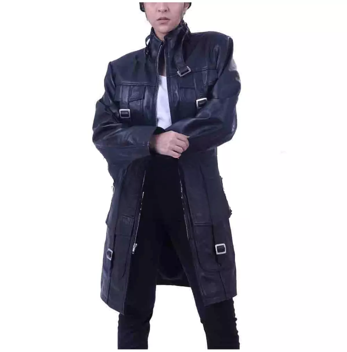 Punk Women's Buckle Pocket Long Leather Coat