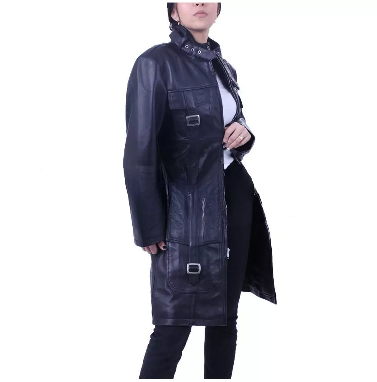 Punk Women's Buckle Pocket Long Leather Coat